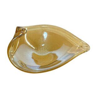 Folded Leaf Hand Blown Amber Honey Art Glass Trinket Bowl or Candy Dish